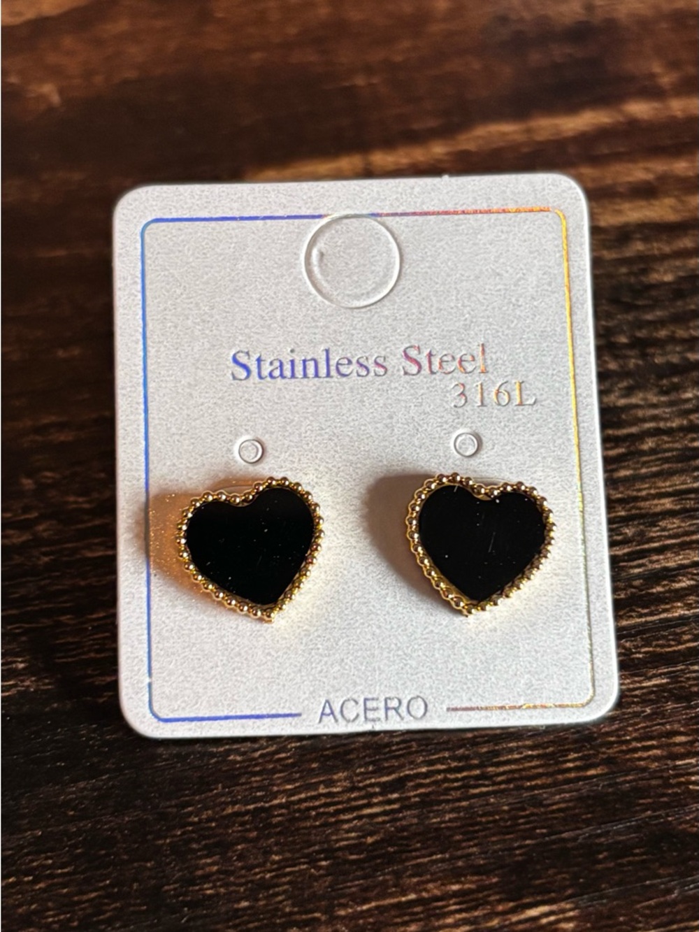 Stainless Steel Gold Tone Trim Black Heart Stud Earrings‎